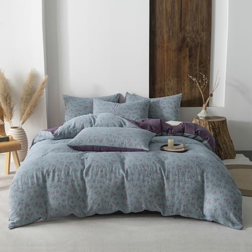 EAVD Vintage Cute Pink Floral Duvet Cover King Blue Soft 100% Muslin Cotton Chic Shabby Floral Bedding Set with 2 Pillowcases Elegant Retro Botanical Pattern Duvet Cover with Zipper Closure