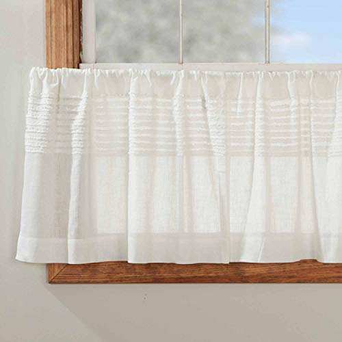 "Kathryn Tier Curtains - Set of 2, 24"" Long, Ruffled Linen-Look Soft White Cotton Semi-Sheer Farmhouse Cottage Country Style Sheer Kitchen Cafe Curtains"
