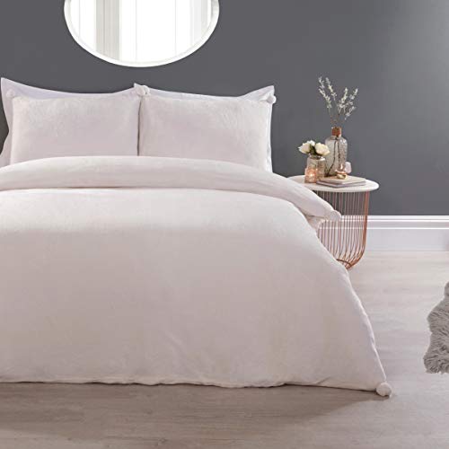 Sleepdown Pom Pom Cream Fleece Warm Cosy Super Soft Easy Care Plain Flannel Duvet Cover Quilt Bedding Set with Pillowcase - Single (135 cm x 200 cm)