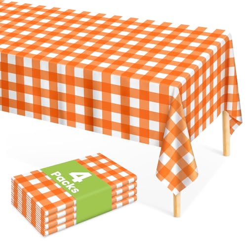 Mulbozy Orange Gingham Tablecloth 4 Pack, 54 x 108 Inch Plastic Table Cloth Disposable, Orange and White Checkered Table Cover for Party Supplies