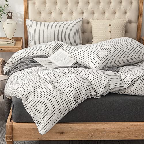 PURE ERA Jersey Knit Duvet Cover Set 100% T-Shirt Heather Cotton Super Soft Comfy Classic Striped Design, with Zipper Closure, Heather White & Black Pinstripe, Full