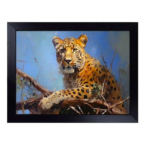 Lap Tray with Bean Bag Cushion, Leopard Gestural - Handmade in the UK, Raised Wooden Edge, Padded Cushion, Heat-Resistant Wipe-Clean Surface, for Meals, Laptops and Crafts