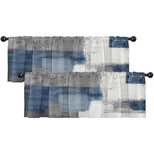 Emvency 2 Pack Valances Window Treatments, Blue and Grey Abstract Modern Art Blackout Drapes Adjustable Curtain for Windows Living Room Kitchen Over Sink, 52x12 Inch Rod Pocket Valances
