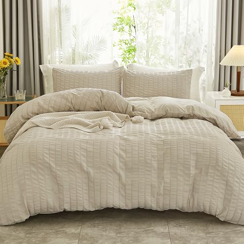 AveLom Beige Seersucker Duvet Cover Set Queen Size (90 x 90 inches), 3 Pieces (1 Duvet Cover + 2 Pillow Cases), Ultra Soft Washed Microfiber, Textured Duvet Cover with Zipper Closure, Corner Ties