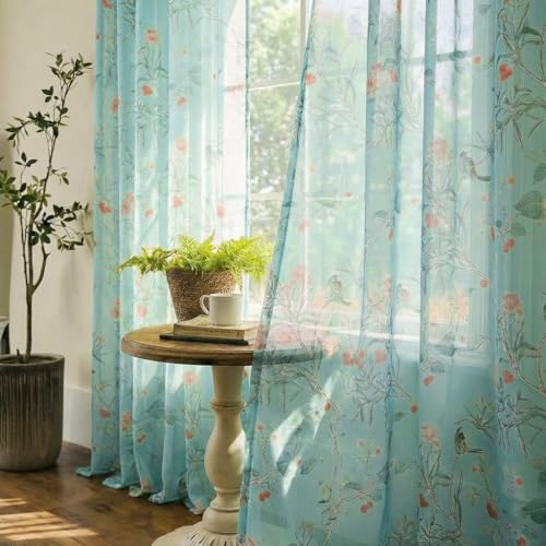 XTMYI Light Blue Vintage Curtains Drapes for Living Room 84 Inch Length 2 Panels Set Beautiful Hummingbird Grandmillenial Grand Millenial French Country Curtains for Bedroom