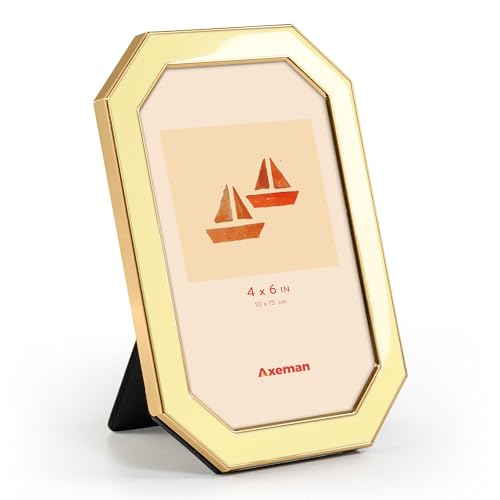 Axeman 4x6 Enamel Picture Frames with Tempered Glass-4 x 6 Modern Octagon Photo Frame with Gold Metal Edge Velvet Back for Tabletop and Wall Mount Display for Shelf & Desk, Yellow