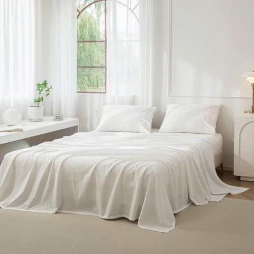 "JIYUAN King Washed Cotton Sheet Set, 4-Piece, Relaxed Linen Feel - Deep Pocket Fits Mattresses up to 17"". Flat Sheet & 2 Pillowcases. Naturally Soft & Breathable. Machine Washable."