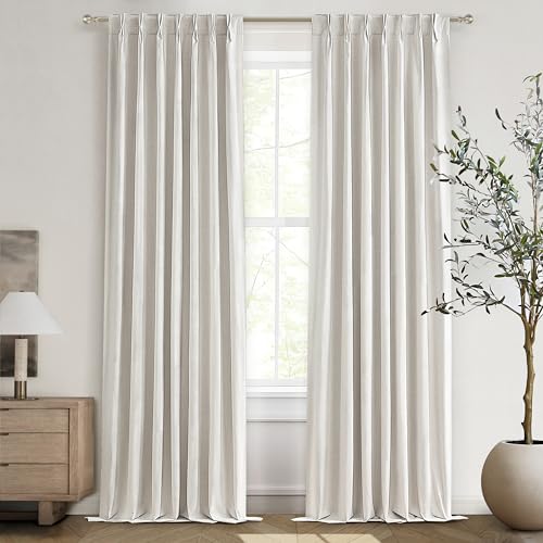 "8-3/4FT Extra Long Curtains for Bedroom, Lush Decor 105 Inch Linen Blackout Light Blocking Nursery Window Curtains 2 Panels Burg Textured Back Tab&Pinch Pleated Drapes with Hooks Birch (40""x105"")"