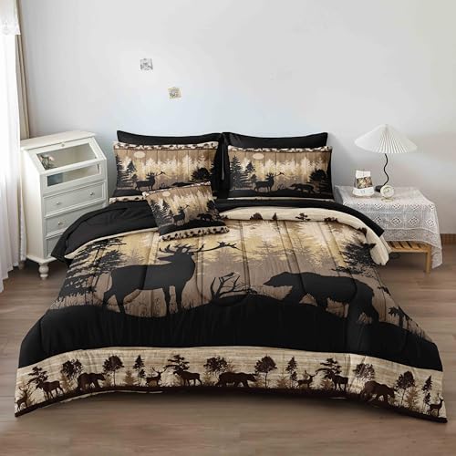 Herside Hunting Comforter Set Queen Size,8 Pcs Cabin Rustic Bear and Deer Comforter Print Bedding Set for Teens,Wildlife Room Decor Bedding Set Soft Fluffy Cozy Bed in a Bag Set for All Season