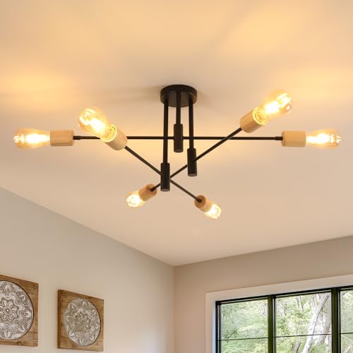 Comely Vintage 6-Heads Sputnik Ceiling Light, Adjustable Ceiling Lights Living Room with E27 Base, Black Chandelier in Metal and Wood for Living Room Bedroom Kitchen