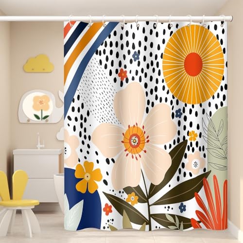 Umpoo Boho Bathroom Shower Curtain - Pink Floral Sun Abstract White Spots - Washable Polyester Fabric - Durable with Hooks, 60x72 Inch