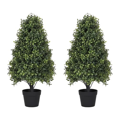 Azoco 30in Artificial Boxwood Topiary Trees (Set of 2) - UV Resistant Faux Plants Outdoor, Realistic 2.5ft Fake Cone Bushes and Shrubs for Front Porch, Planter, Patio - Low Maintenance & Evergreen