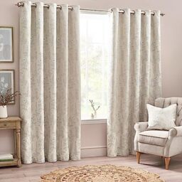 furn. Wylder Sophia Eyelet Curtain Pair – Room Darkening Jacquard Botanical Embroidered Lined Luxury Curtains (Natural – Width 168 x Drop 137cm)