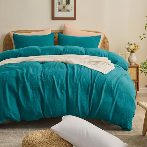 MEISHANG Muslin Duvet Cover King Size - 100% Organic Cotton, Soft Textured Gauze Weave Comforter Cover for Breathable All-Season with Zipper Closure - 3 Piece Set (King, Teal)