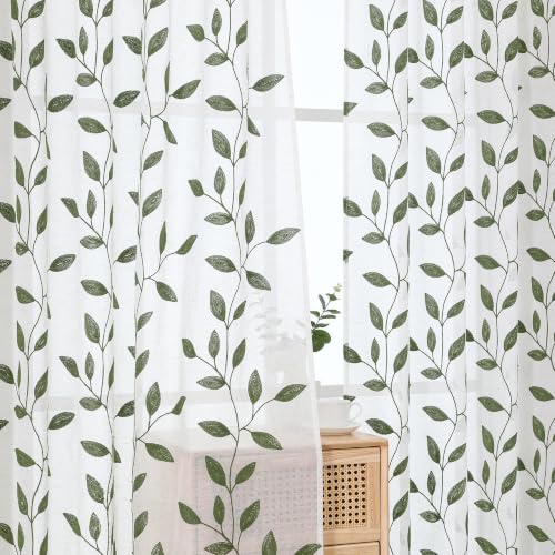 Chyhomenyc Sage Green Spring Sheer Curtains 84 Inch Length - Light Filtering Blend Linen Embroidered Leaf Pattern Window Curtain Panel Drapes for Living Room Bedroom, 50Wx84L Inch, 2 Panels
