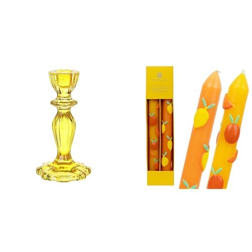 Yellow Glass Candlestick Holder & Citrus 3D Lemons Oranges Candles Bundle