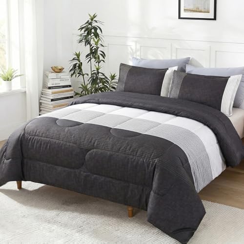PERFEMET Full Size Comforter Sets 3 Pieces - Black White Grey Design Striped Bedding Set for Boys Men, Ultra Soft Lightweight Neutral Comforter for All Season (1 Comforter, 2 Pillowcases)
