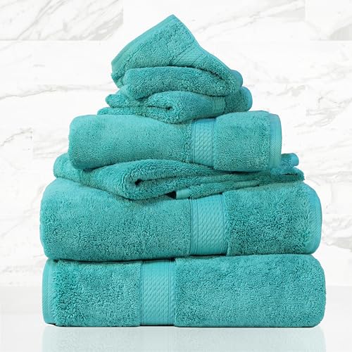 Superior Egyptian Cotton 800 GSM Towel Set, Includes 2 Bath Towels, 2 Hand Towels, 2 Face Towels, Luxury Plush Bathroom Essentials, Ultra Thick, Spa, Shower, Guest Bath, Apartment, Home, Turquoise