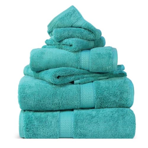 Superior Egyptian Cotton 800 GSM Towel Set, Includes 2 Bath Towels, 2 Hand Towels, 2 Face Towels, Luxury Plush Bathroom Essentials, Ultra Thick, Spa, Shower, Guest Bath, Apartment, Home, Turquoise