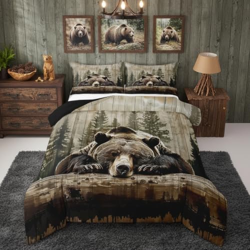 Feelyou Grizzly Bear Comforter Set Twin Size, Wild Animal Hunting Quilt Set with 1 Pillowcases, Rustic Cabin Farmhouse Bedding Set 2pcs for Kids Boys Teens Room Decor, Western Country Duvet Insert