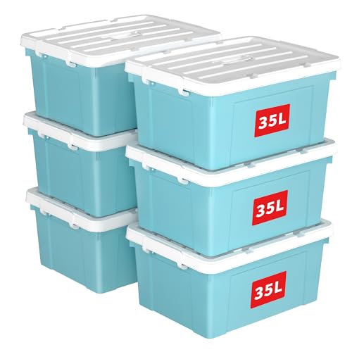 Cetomo 35L*6 Storage Boxes, Carry Plastic Storage Box with Lids, Organizing Container with Handle and Secure Latching Buckles, Stackable, Nestable, Tote Bin for Home Office Clothes, 35L-6Pack, Blue