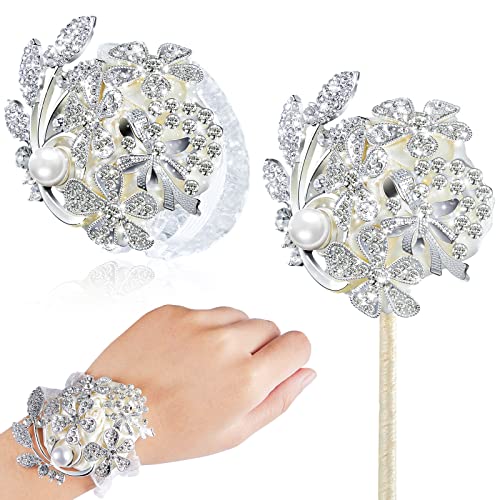 Yunsailing 2 Pcs Rhinestone Wrist Corsage and Boutonniere Set - Artificial Flower Corsage Wristlet for Wedding Prom Homecoming Bridesmaid Bridal Shower Anniversary Formal Event(Silver Ivory,Pearl)