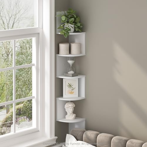 Furinno ROSSI 5-Tier Floating Corner Shelf for Wall, Corner Zigzag Shelf Wall Mounted, Radial Wall Mount Shelves, for Home Office, Living Room, Bedroom, Bathroom, White