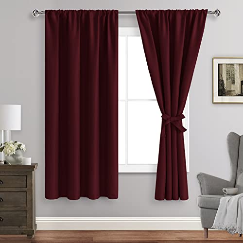 JIUZHEN Christmas Blackout Curtains for Bedroom - Thermal Insulated Room Darkening Rod Pocket Curtains for Living Room, Set of 2 Panels with Tiebacks, 38 x 63 Inch Length, Burgundy