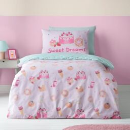 Catherine Lansfield Sweet Treats Reversible Single Duvet Cover Set with Pillowcase Pink
