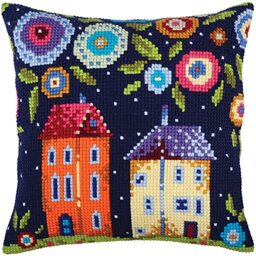 Collection D'Art 5347 Floral Street Cross Stitch Cushion, Cotton, Multi-Colour, 40 x 40 cm