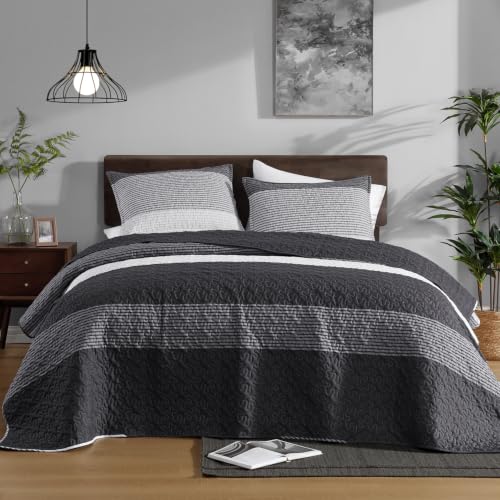 Litanika California King Size Black White Grey Oversized Striped Quilt Bedspread Soft Lightweight Quilted Bedding Set for All Seasons (1 Comforter, 2
