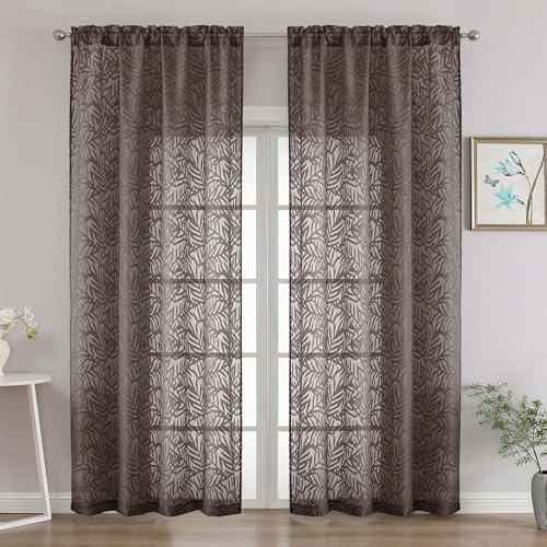 OVZME Extra Wide Chocolate Sheer Curtains 96 Inches Long 2 Panels, Light Filtering Airy Textured Drapes for Living Room Sliding Door, Long Sheer Curtains with Dual Rod Pocket, 2x52Wx96L Inches