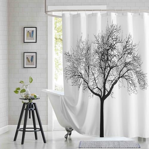 "BESTRIPES Long Fabric Shower Curtain, Black Tree Plant Shower Curtains for Bathroom, Modern Decorative Bathroom Curtains, 72"" W x 78"" H"