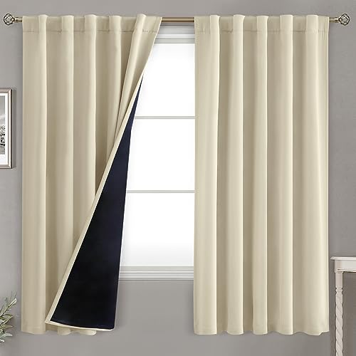 BGment Beige Full Blackout Curtains with Thermal Insulation Liner Curtains 63 Inches Long???Rod Pocket and Back Tab Double Layer Room Darkening Window Curtain for Bedroom(42 x 63 Inch, 2 Panels, Beige)