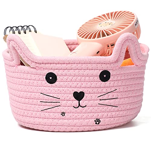 Zopeal Cat Basket Storage Woven Organizer with Ears Easter Decorative Gift Pet Toy Cute Cotton Rope Basket for Gift Cat Dog Toy Bin Nursery Room(8.3 x 4.7 Inch,Pink)