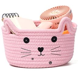Zopeal Cat Basket Storage Woven Organizer with Ears Easter Decorative Gift Pet Toy Cute Cotton Rope Basket for Gift Cat Dog Toy Bin Nursery Room(8.3 x 4.7 Inch,Pink)