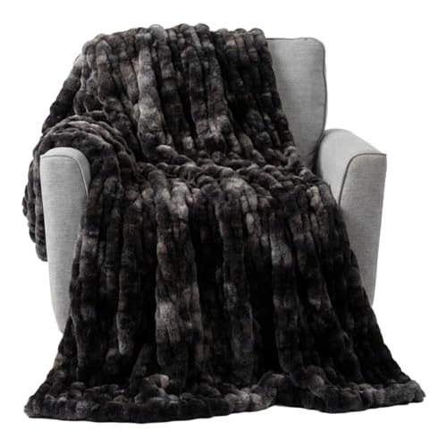 Lavish Home Oversized Ruched Faux Fur Blanket, 60x80-Inch Jacquard Faux Fur Queen-Size Throw for Beds and Sofas, Black