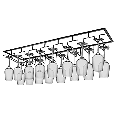 Wine Glass Rack Under Cabinet Wine Glass Holder 8 Rows Metal Black Stemware Hanging Rack Large Shelf Mounted Wine Glasses Storage Hanger Organizer for DIY Home Bar Kitchen Restaurant Hotel Bartender