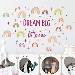 WALPLUS Wall Stickers Hand-Drawn Rainbows + Dream Big Little One Quote Wall Décor Scandinavian Style NurseryCute Kidsroom Modern Home Children Decoration Babygirl Toddler's Bedroom, Pink