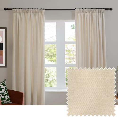 furn. Soft Chenille Blackout Pencil Pleat Curtain Pair – Soft Touch Matt Textured Lined Minimalist Curtains (Ecru - 168x183cm)