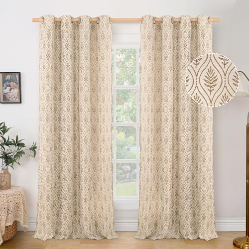 BGment Taupe Curtains for Living Room 96 Inches Long, Natural French Country Curtains Sheer Linen Grommet Window Drapes Boho Leaf Jacquard Patterned for Farmhouse Bedroom, 2 Panels Set, 52 x 96 Inch