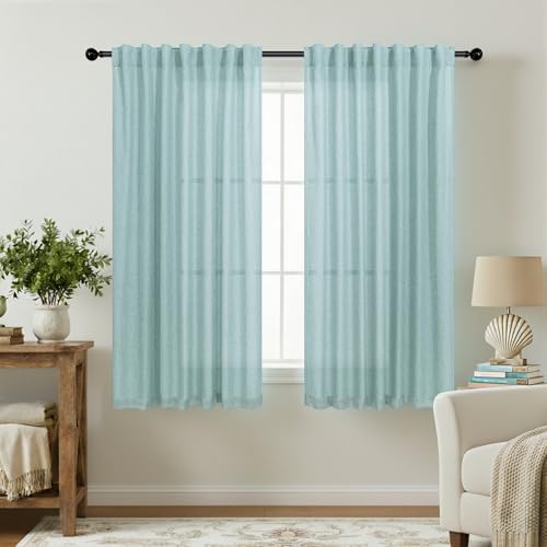 KOUFALL Mint Green Curtains for Kitchen Window,Back Tab Rod Pocket Linen Small Curtains for Bathroom Window 45 Inch Length,Sea Green