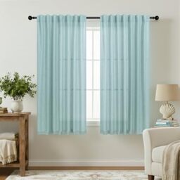 KOUFALL Mint Green Curtains for Kitchen Window,Back Tab Rod Pocket Linen Small Curtains for Bathroom Window 45 Inch Length,Sea Green