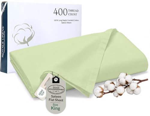 Royale Linen 400 Thread Count King Size Flat Sheet Only - Cooling Sheets - 100% Cotton Flat Sheets Only Sold Separately -Luxury Sateen Weave - Super Soft Top Sheets Only (King, Florentine Sage)