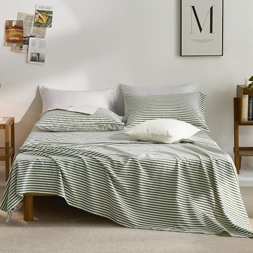 JELLYMONI 100% Cotton Sheet Set, Green Striped, Full - Soft breathable cotton, Deep pocket fit, Envelope closure, Bedroom refresh, All-Season Comfort