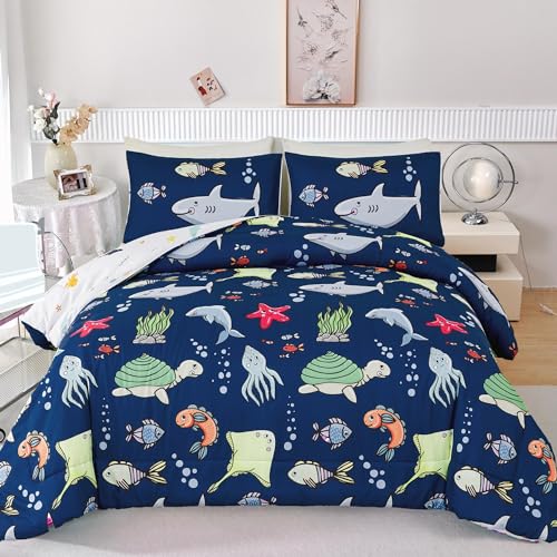 RYNGHIPY Kids Bedding Set for Full Bed Reversible Ocean Animals Print Comforter Set for Boys Girls Easy-Wash Super Soft Microfiber Bed Set (Navy Ocean,Full)