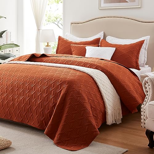 LEAONME Twin Quilt Set 2 Pieces, Lightweight Burnt Orange/Rust Bedspread-68''x86'', Soft Microfiber Summer Quilt, Luxurious Warm Coverlet Set for All Seasons (Includes 1 Quilt, 1 Sham)