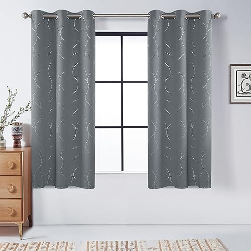 BUHUA Blackout Curtains for Bedroom 2 Panels Set, Grommet Thermal Insulated Room Darkening Window Curtains & Drapes with Wave Line and Dots Printed for Living Room, 38W x 54L Inch, Light Grey