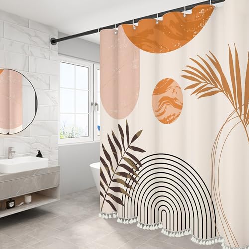 "GiuMsi Boho Mid Century Leaf Shower Curtain Set,Arch Sun Design,Minimalistic Leaves Pattern,Waterproof and Luxurious Fabric-12 Hooks(Orange-72"" x 96"")"