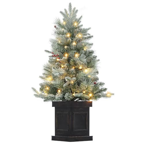 London Boutique 3ft/90cm Pre-Lit Artificial Christmas Tree, Black Pot - Small Snow Xmas Tree, 78 Warm White LED Lights, Battery Operated for Indoor Porch Desk Home Holiday Decor